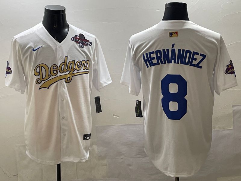 Men Los Angeles Dodgers #8 Hernandez White Champion gold character 2025 Nike MLB Jersey style 3314->los angeles dodgers->MLB Jersey
